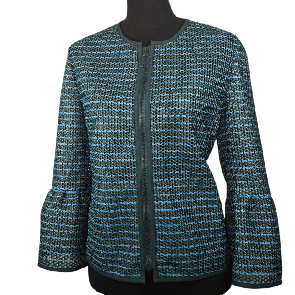 Akris Punto Mesh Jacket US 10 | Front Zip 3D Textured Green Blue Bell Sleeve